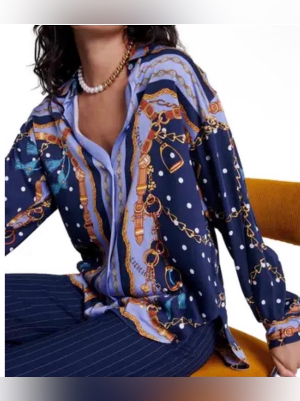Maje Cechaine Chain Print Shirt Navy Medium Equestrian